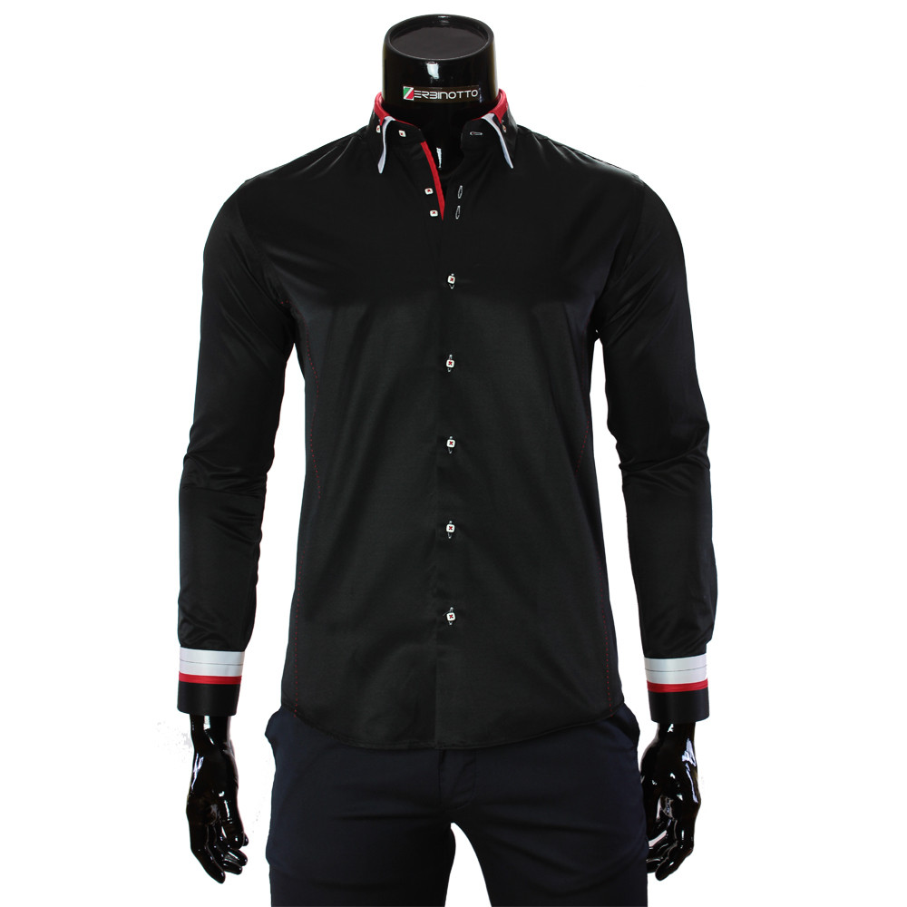 black dress shirt with red accents Red Accent Leather Shirt in Black – Biker Fetishwear
